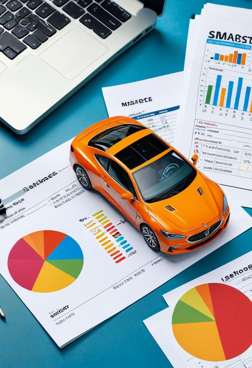 A split-screen image showcasing two diversely designed cars parked side by side, symbolizing comparison. Overlay a magnifying glass examining colorful auto insurance rate charts and graphs scattered around, depicting savings strategies. Include a calculator and a notepad with calculations in the foreground, emphasizing smart financial choices. Bright and engaging colors to capture attention. super-realistic. vibrant colors. white background.