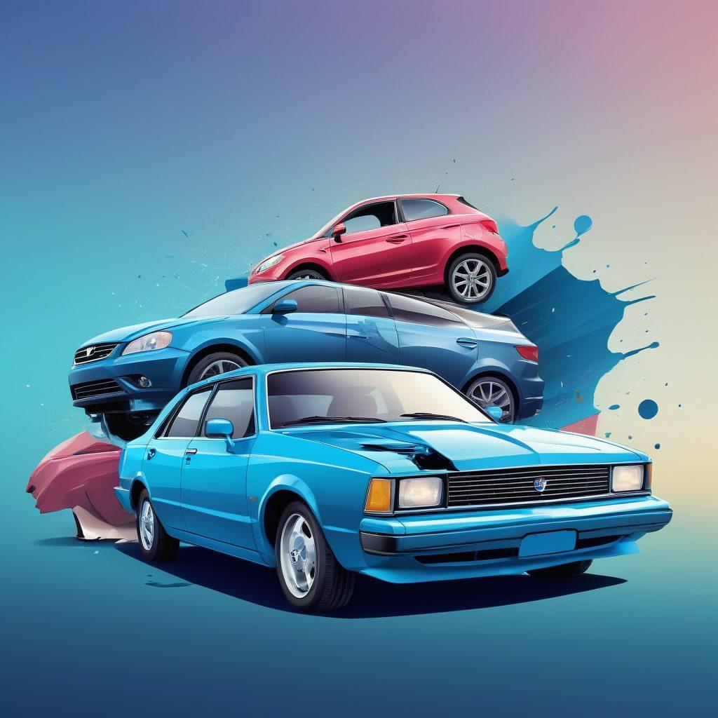 A detailed visual illustrating various types of car insurance coverage, featuring a split scene: one side depicting a collision between two vehicles with shocked drivers and damages, while the other side shows a peaceful scene with a happy family protected by a shield symbol representing third-party insurance. Include clear labels for Collision and Third-Party Insurance. The background should be gradient blue for contrast. vibrant colors. vector art.