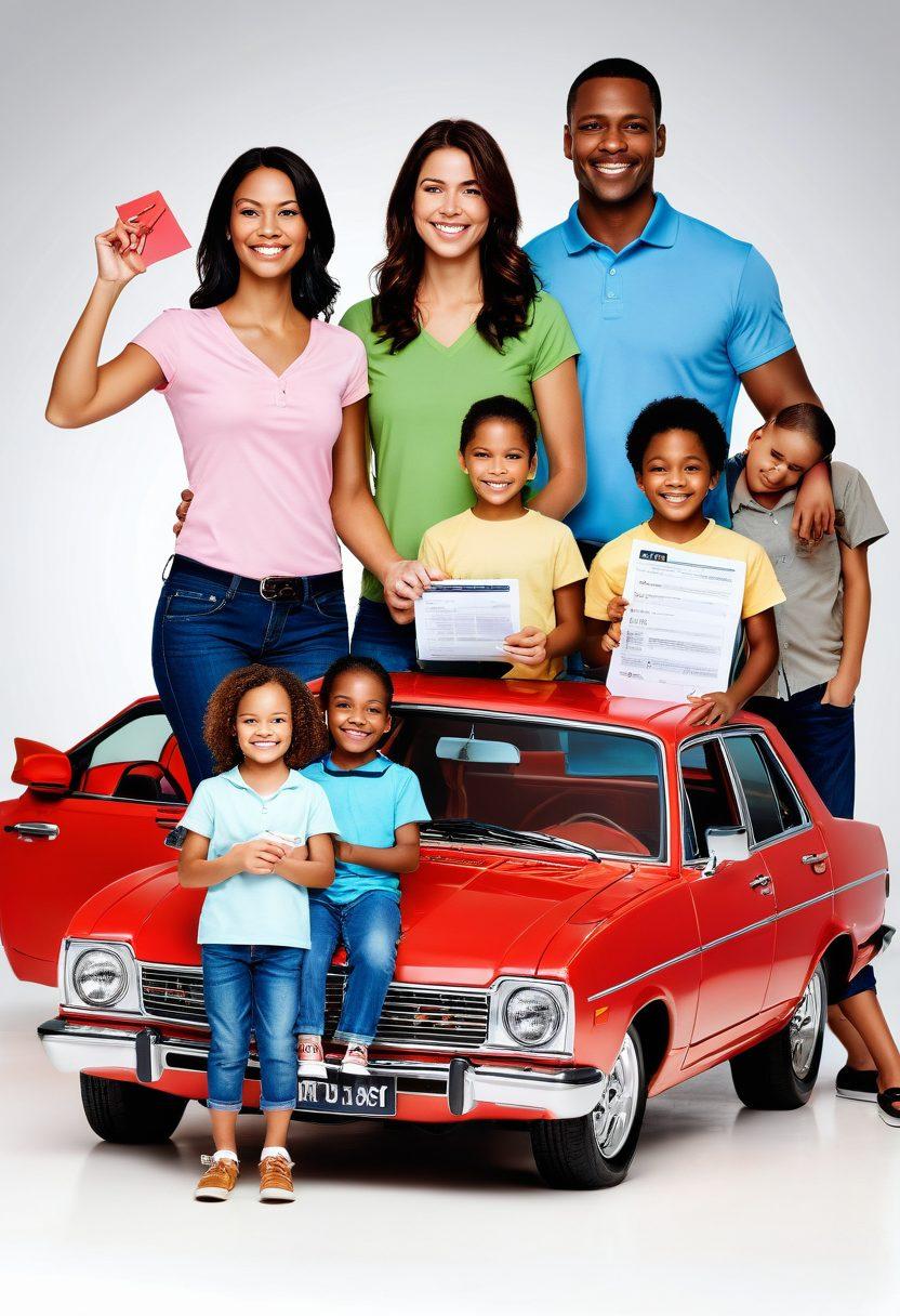 A collage of car insurance elements, featuring a smiling family with their car, a calculator showing affordable rates, a checklist for coverage options, and a shield symbolizing protection. Use bright and inviting colors to convey safety and trust. super-realistic. vibrant colors. white background.